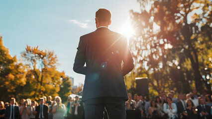 A male voter running for election speaks from a pulpit to his supporters. His supporters are cheering as he speaks with energy. 