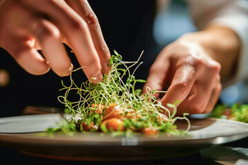 A chef's hands skillfully garnishing a gourmet dish with a handful of tender sprouts, adding texture and flavor to the presentation. - obrazy, fototapety, plakaty