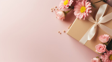 A gift box is surrounded by pink flowers against a pink backdrop