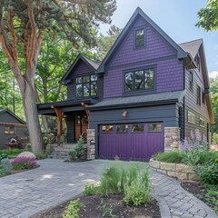 Fototapeta na wymiar Freshly Built Home: State-of-the-Art Layout, Single Car Garage, Purple Siding, Natural Stone Entrance Magnify the Wow Factor, generative AI