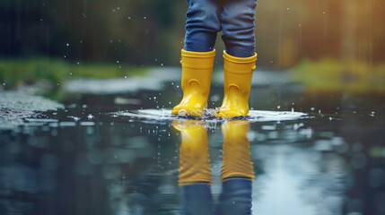 Feet of  child in yellow rubber boots jumping over  puddle in rain