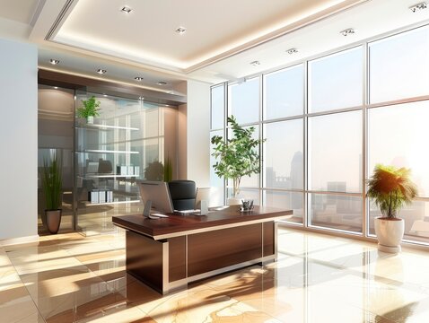 A professional photo of a modern bright minimalistic office with stylish interior 