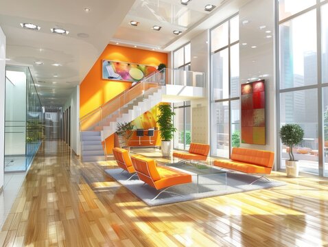 A professional photo of a modern bright office space with fancy stylish and colorful interior