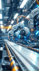 Obraz premium Advanced robotic arms on a fully automated assembly line in a modern factory, professional photo, sharp focus, high detailed