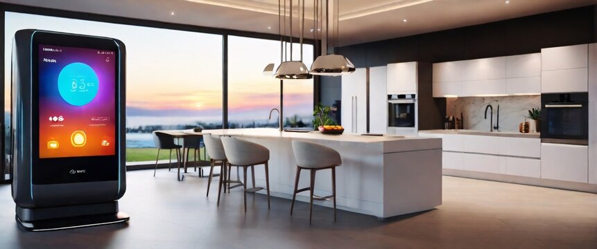 Internet of Things with a visually stunning image of a smart home filled with various connected devices and appliances AI, such as smart refrigerators, coffee makers