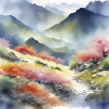 Impressionist watercolor painting of mountains and forests.