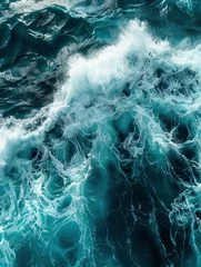 Fotobehang Close up photo of giant waves in the middle of the ocean with bright sunlight breaking through, turquoise color of water © shooreeq