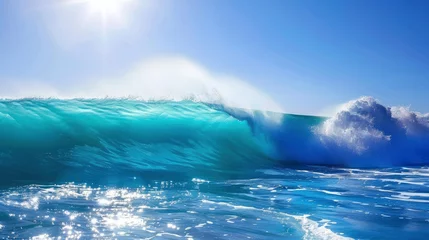  Close up photo of giant waves in the middle of the ocean with bright sunlight breaking through, turquoise color of water © shooreeq