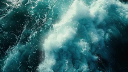 Foto auf Alu-Dibond Close up photo of giant waves in the middle of the ocean with bright sunlight breaking through, turquoise color of water © shooreeq