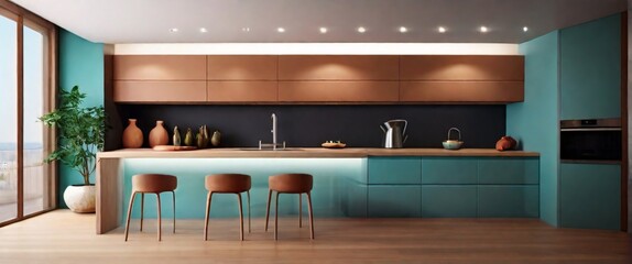 Cozy modern kitchen room interior design with wall