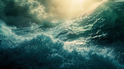 Close up underwater photo of giant waves in the middle of the ocean with bright sunlight breaking through them, turquoise color of water