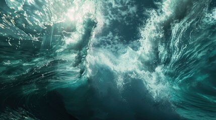 Close up underwater photo of giant waves in the middle of the ocean with bright sunlight breaking through them, turquoise color of water - obrazy, fototapety, plakaty