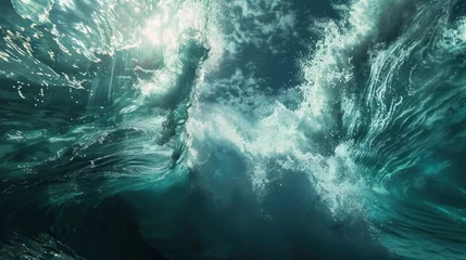 Foto op Plexiglas Close up underwater photo of giant waves in the middle of the ocean with bright sunlight breaking through them, turquoise color of water © shooreeq
