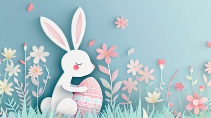 A paper rabbit is holding a colorful Easter egg and a beautiful flower to celebrate the happy event of Easter. The creative arts of plant and organism adaptation can be seen in this artwork AIG42E