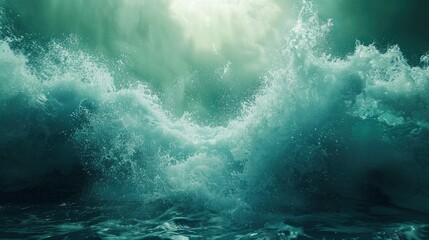 Close up underwater photo of giant waves in the middle of the ocean with bright sunlight breaking through them, turquoise color of water - obrazy, fototapety, plakaty