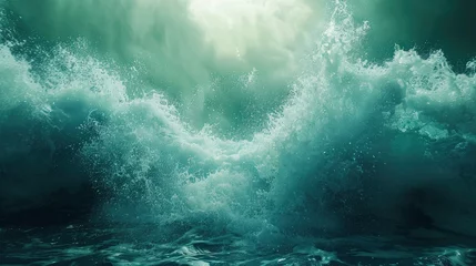 Tuinposter Close up underwater photo of giant waves in the middle of the ocean with bright sunlight breaking through them, turquoise color of water © shooreeq