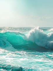 Giant ocean waves with bright sunlight breaking through, turquoise color of water, professional nature photo