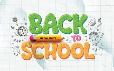 Back to school text vector design. Back to school greeting typography in paper grid space and doodle educational items, materials and learning supplies for education background. Vector illustration 
