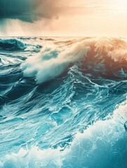 Giant ocean waves with bright sunlight breaking through, turquoise color of water, professional nature photo