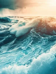 Zelfklevend Fotobehang Giant ocean waves with bright sunlight breaking through, turquoise color of water, professional nature photo © shooreeq