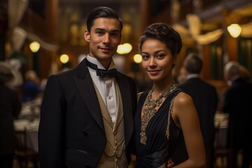 A man and woman are dressed in formal attire and posing for a picture