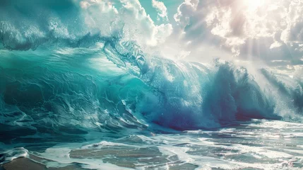 Rolgordijnen Giant ocean waves with bright sunlight breaking through, turquoise color of water, professional nature photo © shooreeq