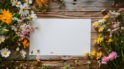 Blank sheet of paper with spring flowers on a wooden background.