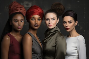 Obraz premium Four women wearing different colored head scarves pose for a photo