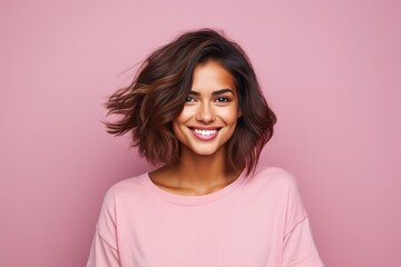 Fototapeta premium A woman with short brown hair and a pink shirt is smiling