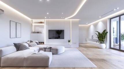 Naklejka na ściany i meble Modern apartment bright interior minimalistic scandinavian living room design, panorama, professional photo