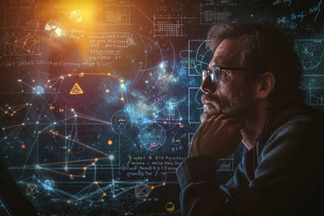 Quantum philosopher exploring theoretical dimensions: Image of a pensive individual staring into space, surrounded by equations and diagrams. - obrazy, fototapety, plakaty