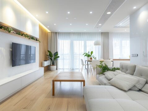 Modern apartment bright interior minimalistic scandinavian living room design, panorama, professional photo 