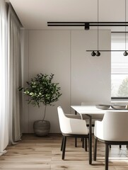 Modern apartment interior design, dining room with table and chairs, minimalistic design, panorama, 3d render