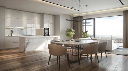 Modern apartment interior design, dining room with table and chairs, minimalistic design, panorama, 3d render