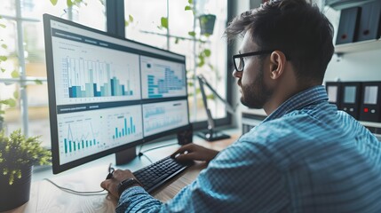 Data Monitoring and Analysis: Specialist Analyzing Performance of Solar Installations on Computer