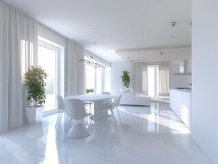 Modern apartment interior design, dining room with table and chairs, minimalistic design, panorama,...