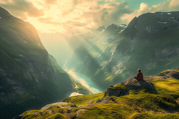 Person breathing deeply while visualizing a peaceful mountain landscape to reduce tension and...