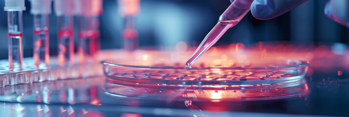 A person in a lab coat is conducting an experiment at a laboratory bench filled with scientific equipment and glassware - obrazy, fototapety, plakaty