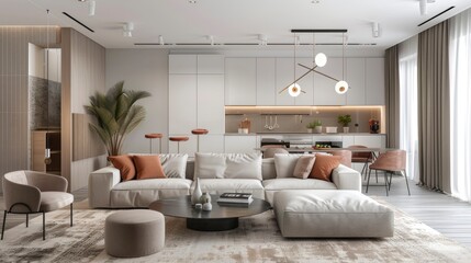 Modern apartment interior design, living room with sofa and chairs, minimalistic design, pastel colors, panorama, professional photo