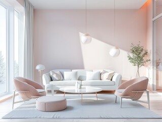 Modern apartment interior design, living room with sofa and chairs, minimalistic design, pastel colors, panorama, professional photo
