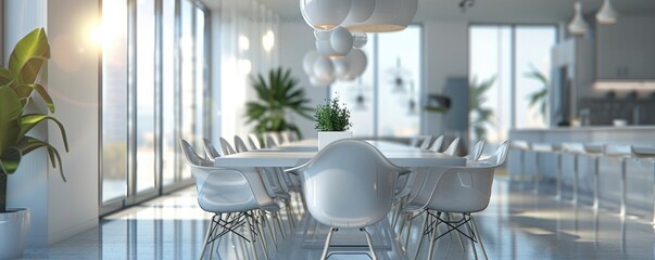 Modern living apartment interior design, dining room with table and chairs, futuristic design,...