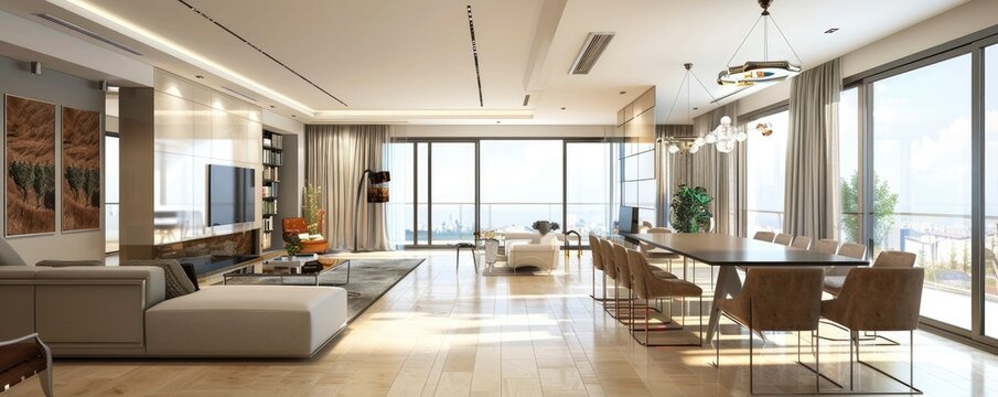 Modern living apartment interior design, dining room with table and chairs, futuristic design, panorama, 3d render 