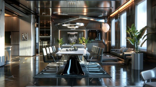 Modern living apartment interior design, dining room with table and chairs, futuristic design, panorama, 3d render 