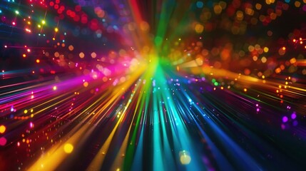 Stunning 3d render of abstract multicolor spectral lines of light in perspective, dark background 