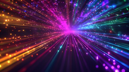 Stunning 3d render of abstract multicolor spectral lines of light in perspective, dark background