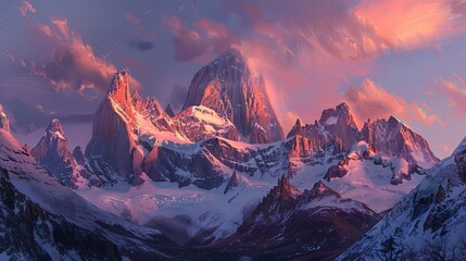 Conjure an image of a majestic mountain range at dusk, with the last rays of the sun casting a pinkish glow - obrazy, fototapety, plakaty
