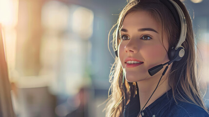 A woman call center wearing a headset and smiling