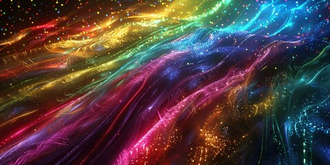 Stunning 3d render of abstract multicolor spectral lines of light in multiverse space, dark...