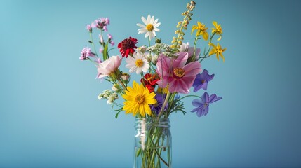 Depict an array of vibrant wildflowers in a transparent glass jar, placed against a pastel blue backdrop