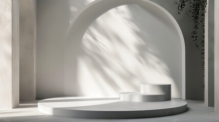 A white room with a white archway and a white pedestal